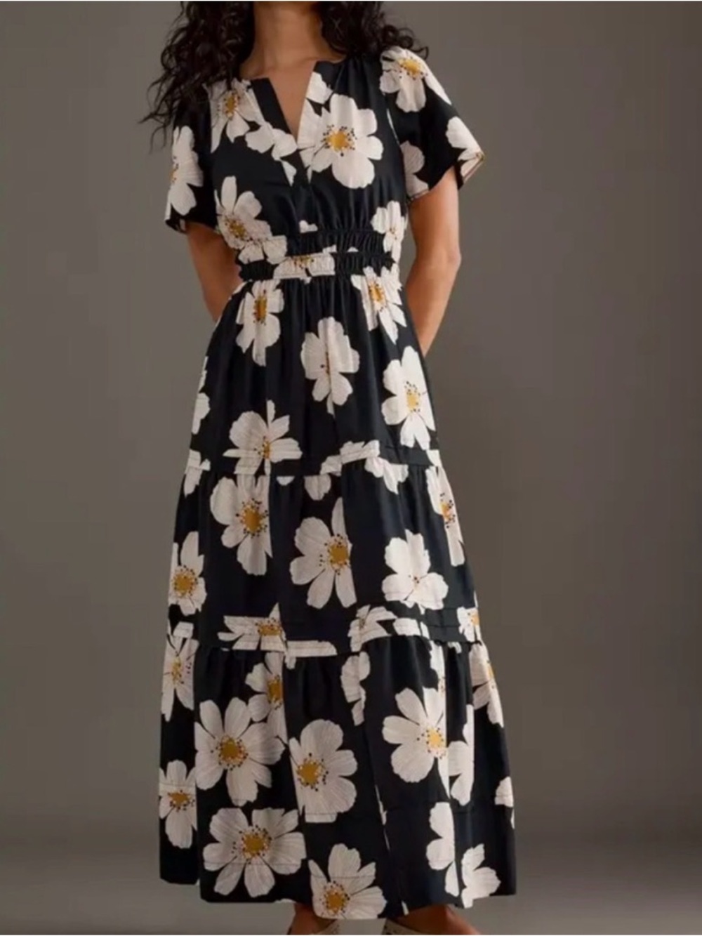 Anthropologie Black Maxi Dress with White Daisy Pattern and Yellow Centers